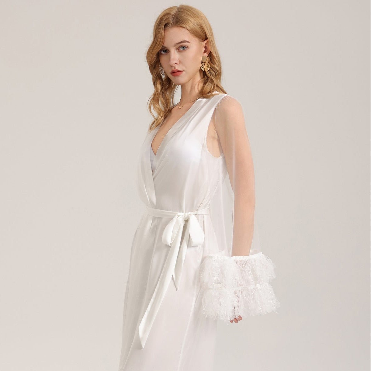 White Satin Mesh Long Robe Sleepwear - Image 2
